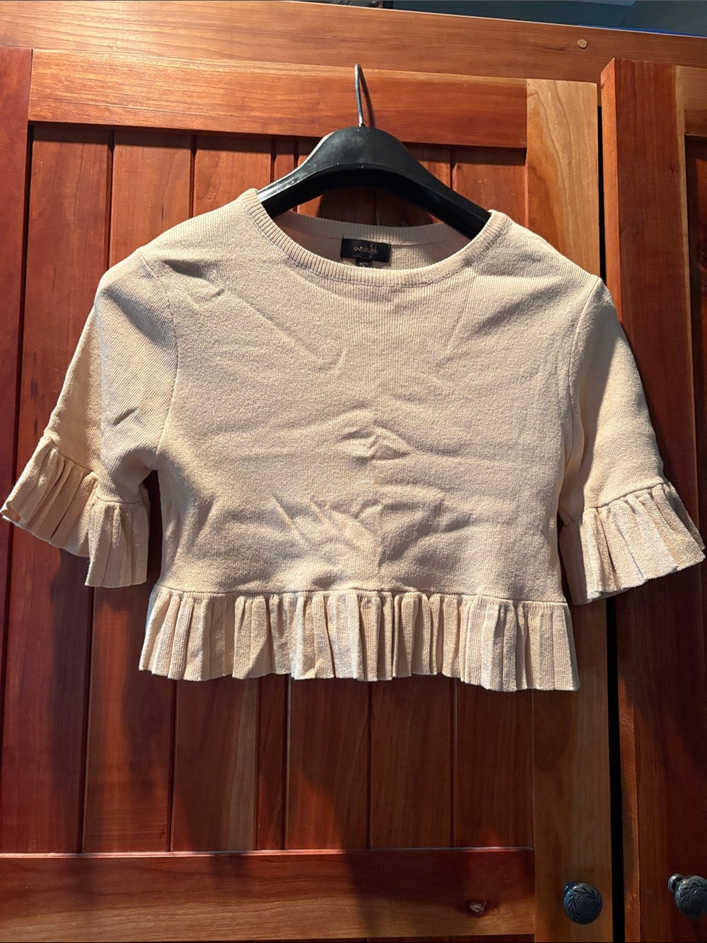 Ruffle Hem Crop Sweater in Beige with Elbow Length Sleeves